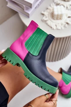 Wsuwane Botki Damskie Na Płaskim Obcasie Skórzane Lewski 3611 Multikolor