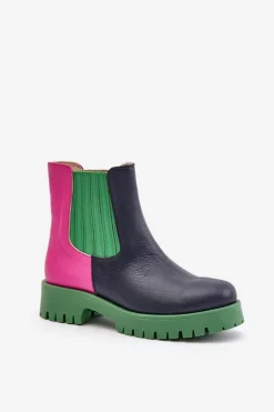 Wsuwane Botki Damskie Na Płaskim Obcasie Skórzane Lewski 3611 Multikolor