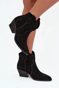 Wsuwane Botki Kowbojki Damskie Z Naturalnego Zamszu Czarne Beretta