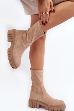 Wsuwane Botki Workery Na Płaskim Obcasie Beżowe Divella