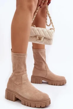 Wsuwane Botki Workery Na Płaskim Obcasie Beżowe Divella