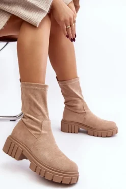 Wsuwane Botki Workery Na Płaskim Obcasie Beżowe Divella