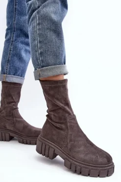 Wsuwane Botki Workery Na Płaskim Obcasie Szare Divella