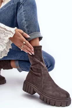 Wsuwane Botki Workery Na Płaskim Obcasie Szare Divella