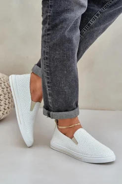 Wsuwane Eko Skórzane Damskie Tenisówki Trampki Z Napisem Jasnobeżowe Zalinne