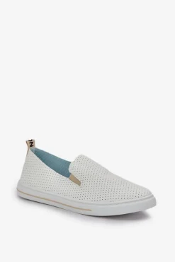 Wsuwane Eko Skórzane Damskie Tenisówki Trampki Z Napisem Jasnobeżowe Zalinne