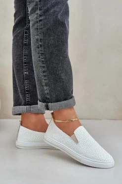 Wsuwane Eko Skórzane Damskie Tenisówki Trampki Z Napisem Jasnobeżowe Zalinne