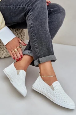 Wsuwane Eko Skórzane Damskie Tenisówki Trampki Z Napisem Jasnobeżowe Zalinne