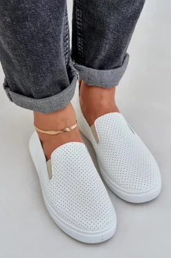 Wsuwane Eko Skórzane Damskie Tenisówki Trampki Z Napisem Jasnobeżowe Zalinne