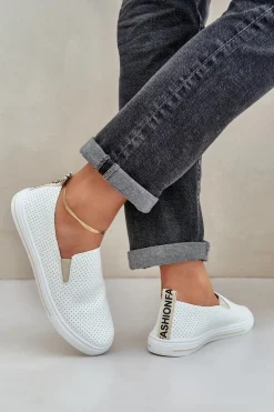 Wsuwane Eko Skórzane Damskie Tenisówki Trampki Z Napisem Jasnobeżowe Zalinne