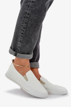 Wsuwane Eko Skórzane Damskie Tenisówki Trampki Z Napisem Jasnobeżowe Zalinne