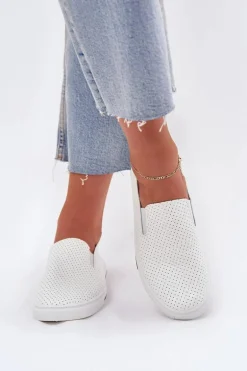 Wsuwane Eko Skórzane Damskie Tenisówki Trampki Z Napisem Białe Zalinne