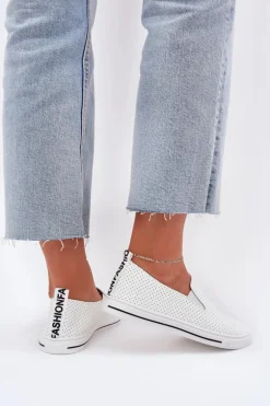 Wsuwane Eko Skórzane Damskie Tenisówki Trampki Z Napisem Białe Zalinne