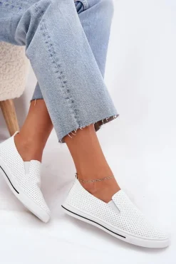 Wsuwane Eko Skórzane Damskie Tenisówki Trampki Z Napisem Białe Zalinne