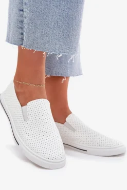 Wsuwane Eko Skórzane Damskie Tenisówki Trampki Z Napisem Białe Zalinne