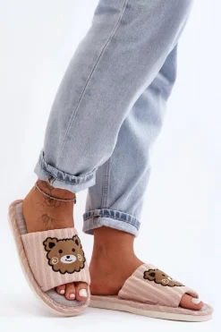 Wsuwane Kapcie Damskie Z Misiem Beżowe Demare