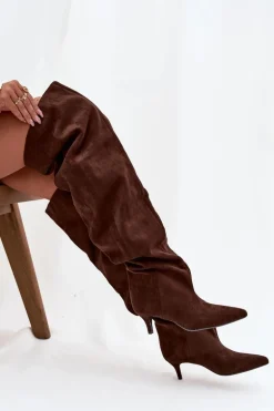 Wsuwane Kozaki Damskie Na Szpilce Czekoladowe Ysolienne