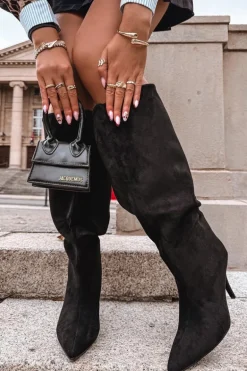 Wsuwane Kozaki Damskie Na Szpilce Z Eko Zamszu Czarne Noretta