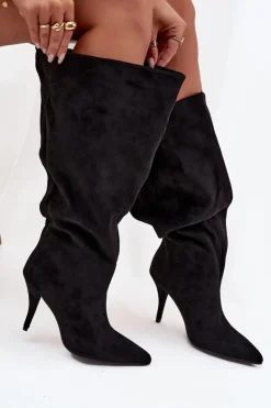 Wsuwane Kozaki Damskie Na Szpilce Z Eko Zamszu Czarne Noretta