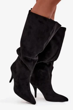 Wsuwane Kozaki Damskie Na Szpilce Z Eko Zamszu Czarne Noretta