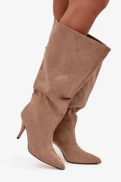 Wsuwane Kozaki Damskie Na Szpilce Z Eko Zamszu Beżowe Noretta