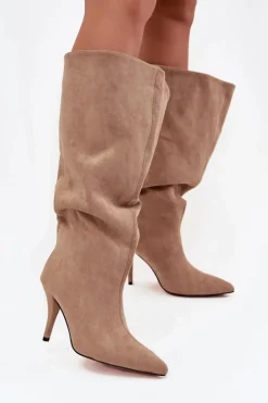 Wsuwane Kozaki Damskie Na Szpilce Z Eko Zamszu Beżowe Noretta