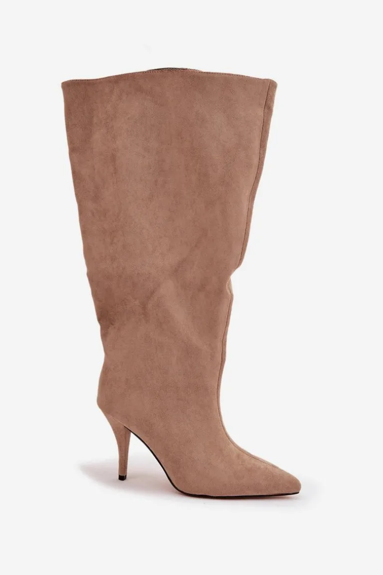 Wsuwane Kozaki Damskie Na Szpilce Z Eko Zamszu Beżowe Noretta