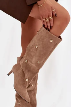 Wsuwane Kozaki Damskie Na Szpilce Ze Złotymi Ozdobami Beżowe Thaliane