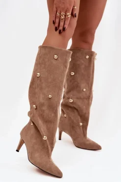 Wsuwane Kozaki Damskie Na Szpilce Ze Złotymi Ozdobami Beżowe Thaliane