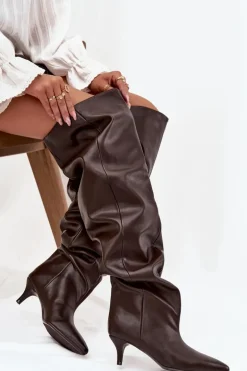 Wsuwane Kozaki Damskie Na Szpilce Czekoladowe Ysolienne