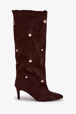 Wsuwane Kozaki Damskie Na Szpilce Ze Złotymi Ozdobami Czekoladowe Thaliane