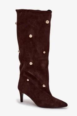 Wsuwane Kozaki Damskie Na Szpilce Ze Złotymi Ozdobami Czekoladowe Thaliane