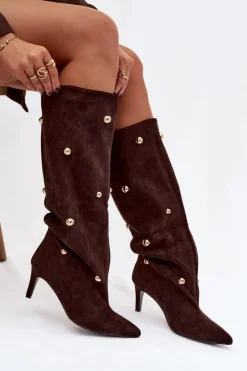 Wsuwane Kozaki Damskie Na Szpilce Ze Złotymi Ozdobami Czekoladowe Thaliane