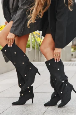 Wsuwane Kozaki Damskie Na Szpilce Ze Złotymi Ozdobami Czarne Thaliane