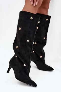 Wsuwane Kozaki Damskie Na Szpilce Ze Złotymi Ozdobami Czarne Thaliane