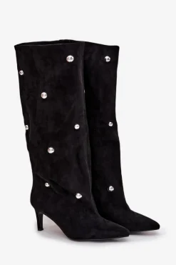 Wsuwane Kozaki Damskie Na Szpilce Ze Srebrnymi Ozdobami Czarne Thaliane