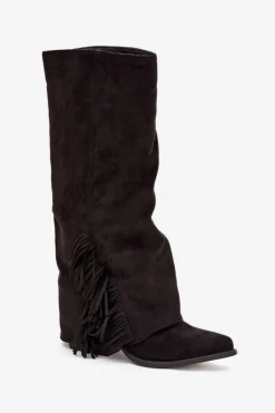 Wsuwane Kozaki Kowbojki Damskie Na Słupku Z Frędzlami Czarne Zalia