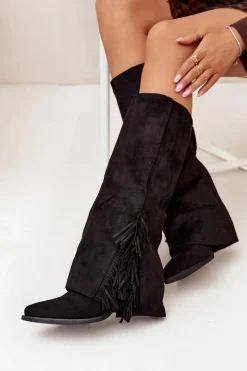 Wsuwane Kozaki Kowbojki Damskie Na Słupku Z Frędzlami Czarne Zalia