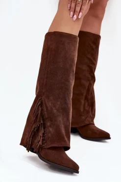 Wsuwane Kozaki Kowbojki Damskie Na Słupku Z Frędzlami Brązowe Zalia