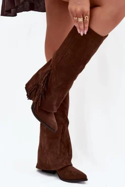 Wsuwane Kozaki Kowbojki Damskie Na Słupku Z Frędzlami Brązowe Zalia