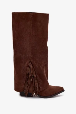 Wsuwane Kozaki Kowbojki Damskie Na Słupku Z Frędzlami Brązowe Zalia
