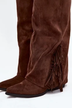 Wsuwane Kozaki Kowbojki Damskie Na Słupku Z Frędzlami Brązowe Zalia