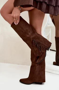 Wsuwane Kozaki Kowbojki Damskie Na Słupku Z Frędzlami Brązowe Zalia