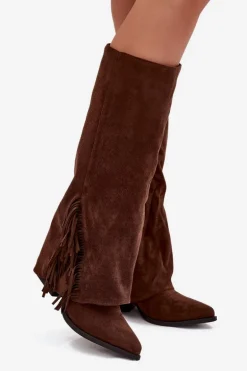Wsuwane Kozaki Kowbojki Damskie Na Słupku Z Frędzlami Brązowe Zalia