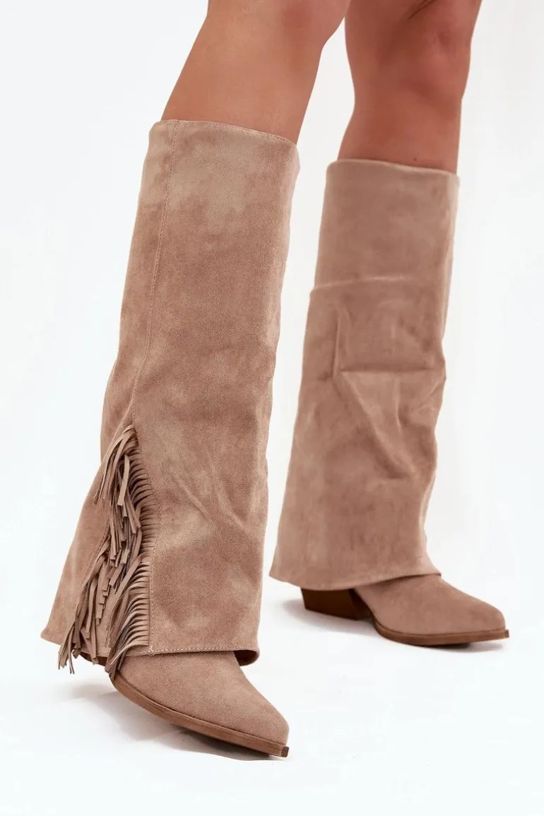 Wsuwane Kozaki Kowbojki Damskie Na Słupku Z Frędzlami Beżowe Zalia