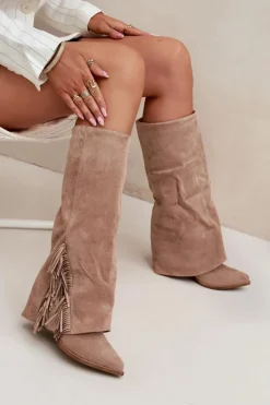 Wsuwane Kozaki Kowbojki Damskie Na Słupku Z Frędzlami Beżowe Zalia