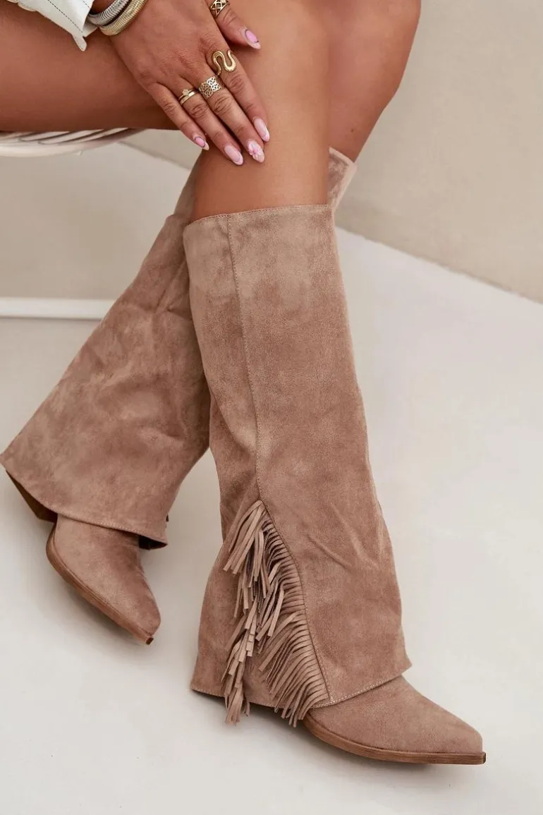 Wsuwane Kozaki Kowbojki Damskie Na Słupku Z Frędzlami Beżowe Zalia