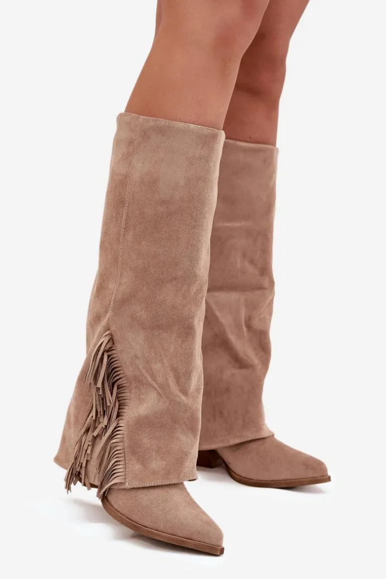 Wsuwane Kozaki Kowbojki Damskie Na Słupku Z Frędzlami Beżowe Zalia