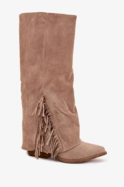 Wsuwane Kozaki Kowbojki Damskie Na Słupku Z Frędzlami Beżowe Zalia