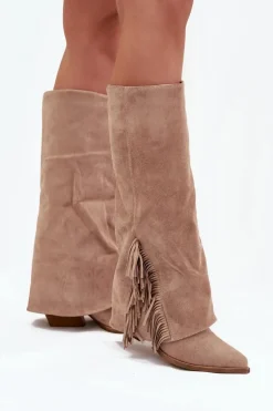 Wsuwane Kozaki Kowbojki Damskie Na Słupku Z Frędzlami Beżowe Zalia